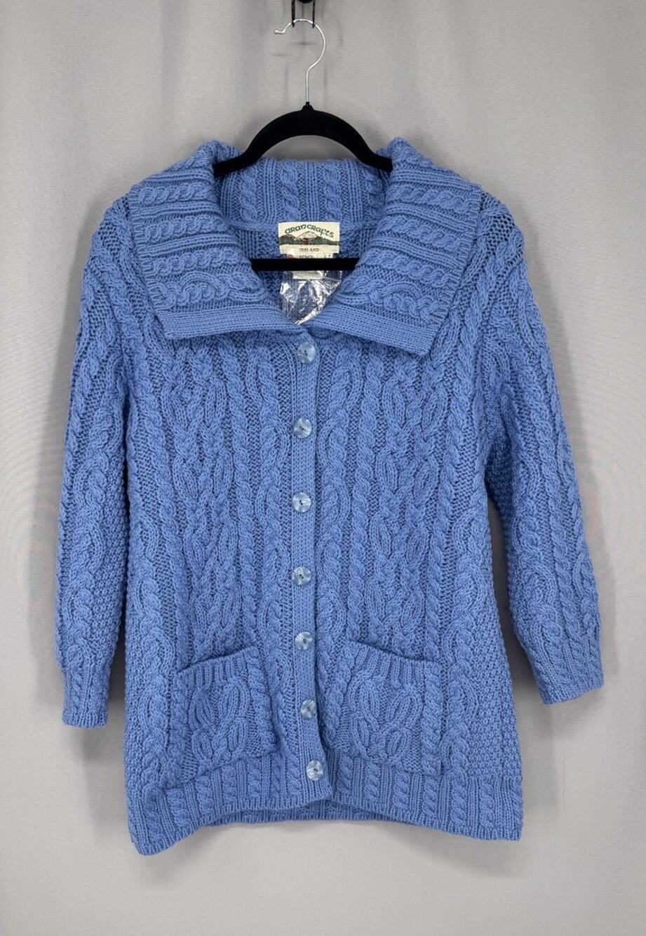 Aran Crafts Sweater Womens Medium Blue Cardigan Ireland Fisherman Merino Wool